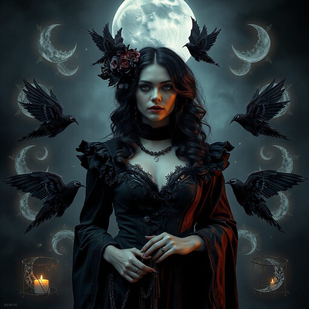 Mysterious Woman with Lunar Symbols in Occult Style