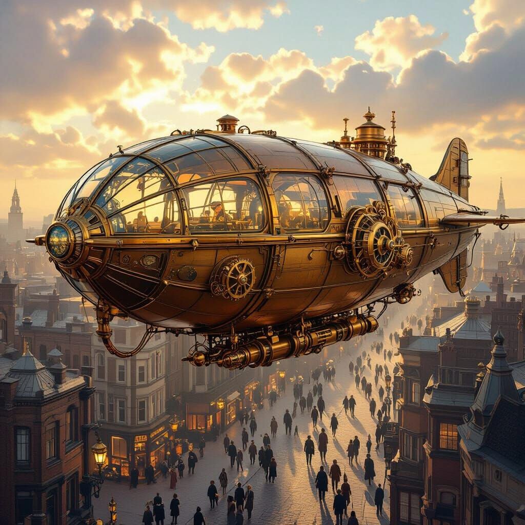 Steampunk Zeppelin Over Victorian Cityscape