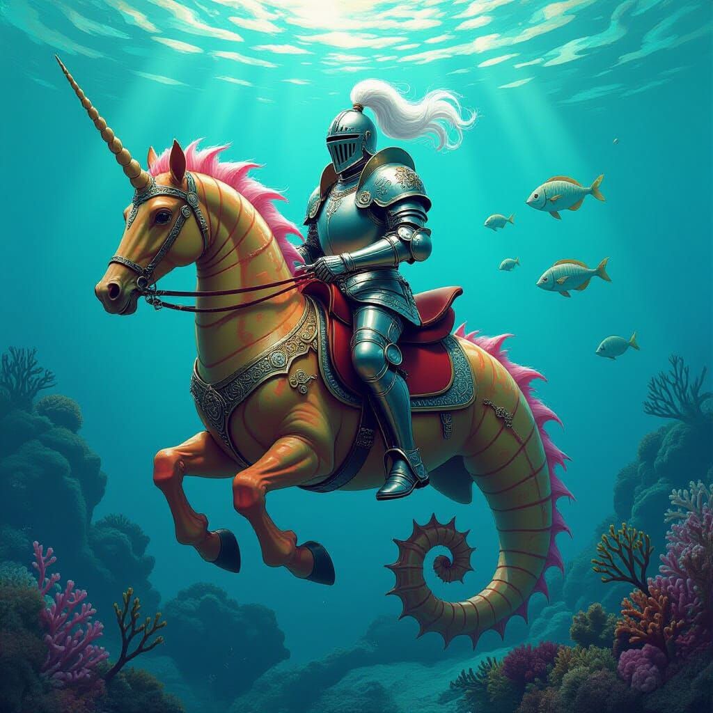 Underwater Knight Riding Seahorse with Coral and Seaweed