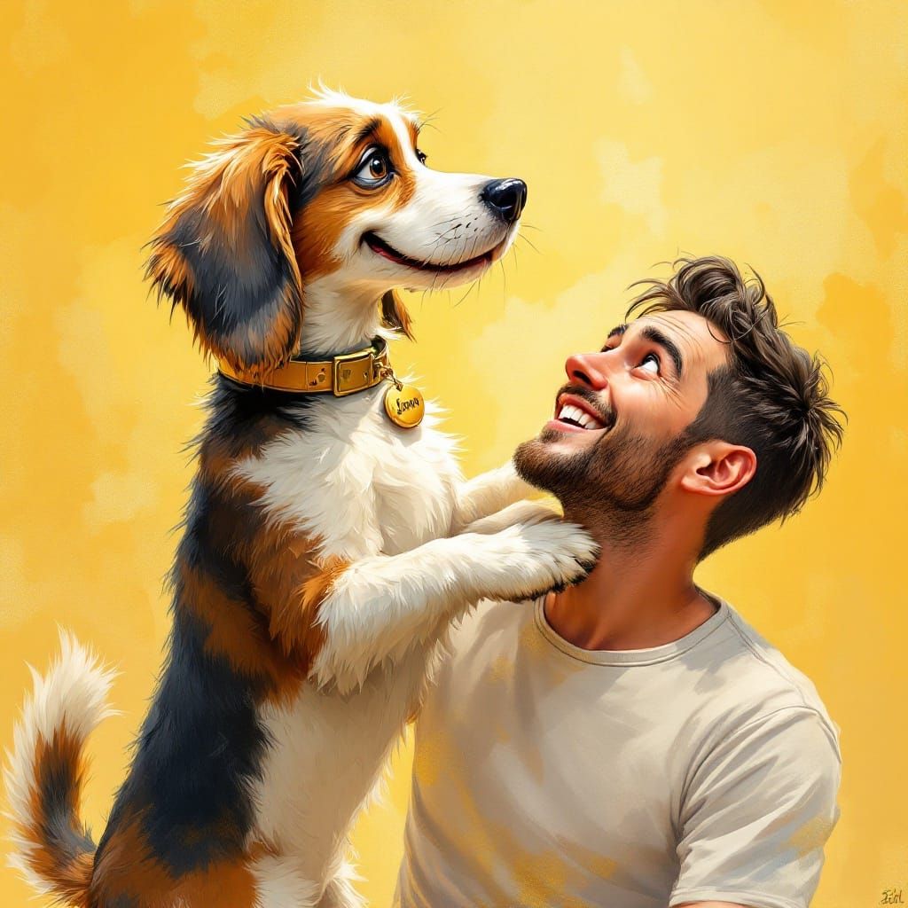 Dog Affectionately Embraces Man: Whimsical Art Style