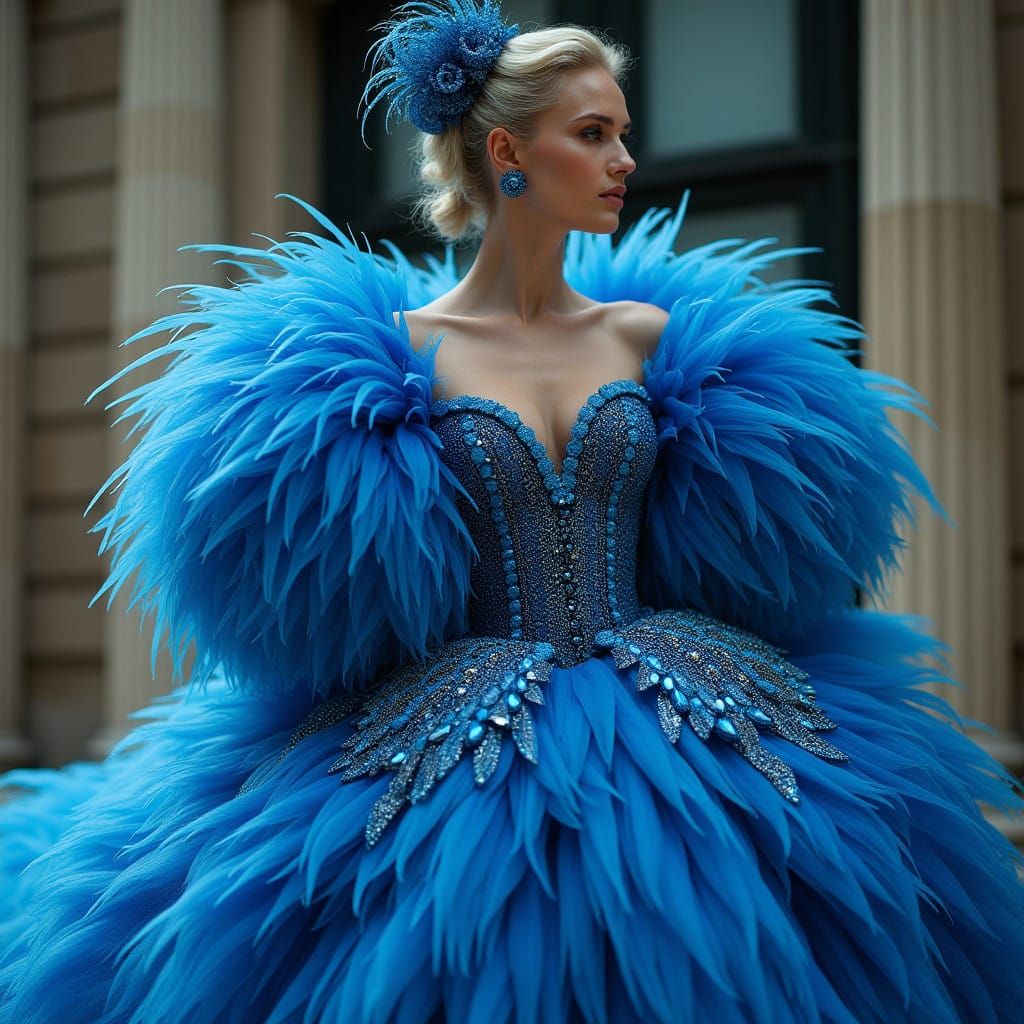 Confident High Fashion Model in Iridescent Blue Parrot Gown