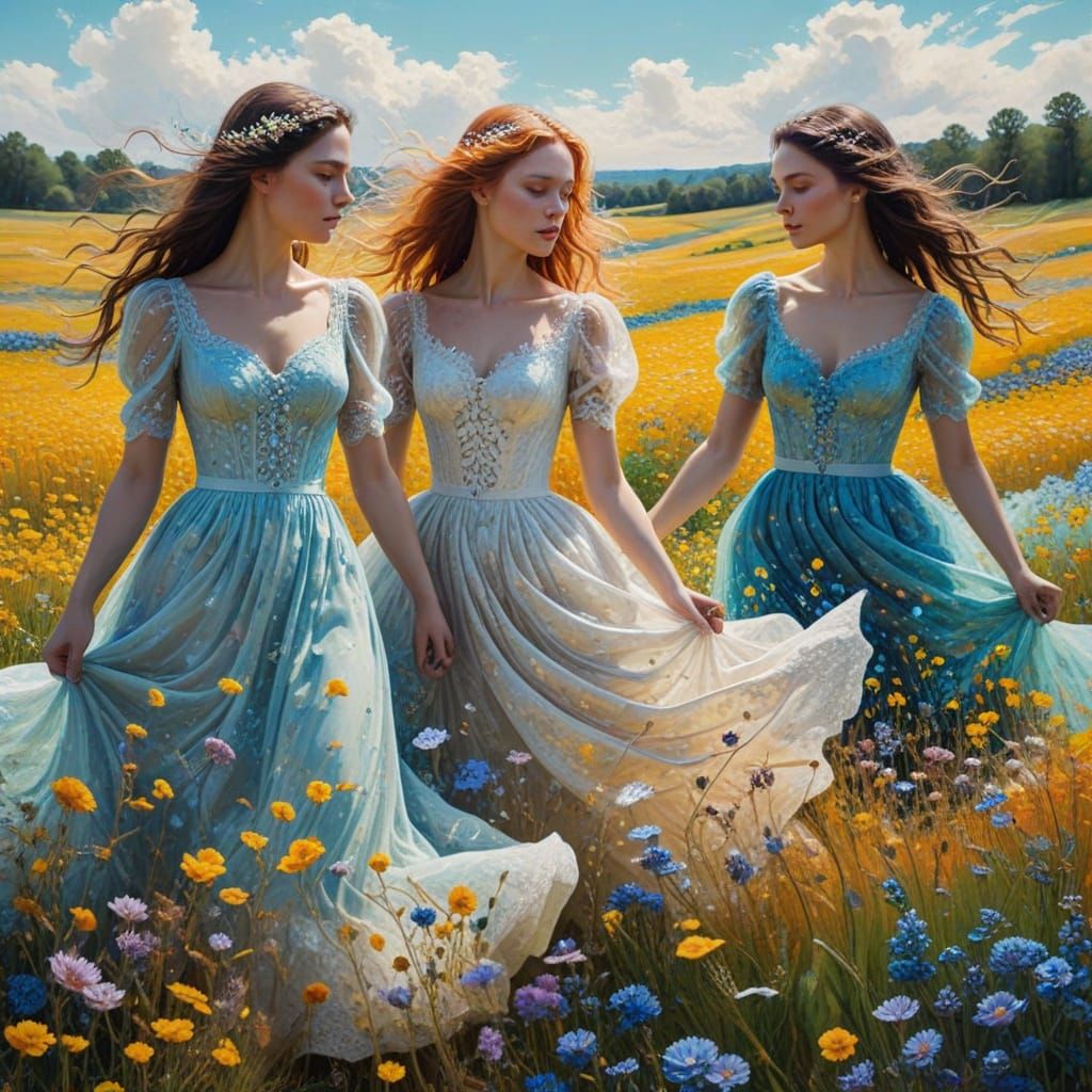 Vibrant Surreal Gouache Painting of Young Women in Flowing D...
