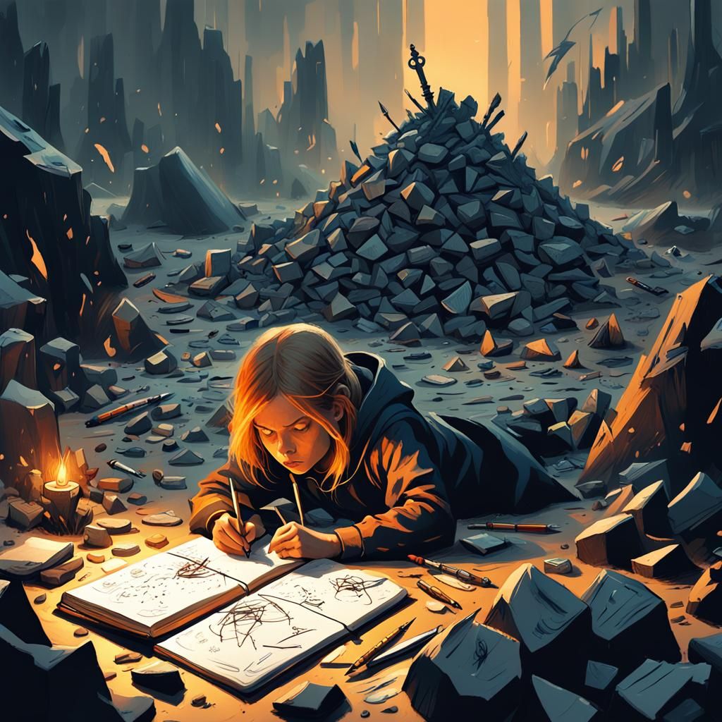 Fantasy Battle Scene: Girl Sketching in Chaos