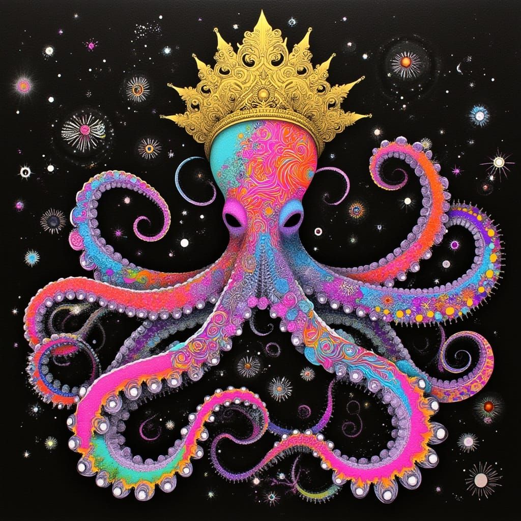 Neon Octopus Queen with Golden Crown in Mixed Media