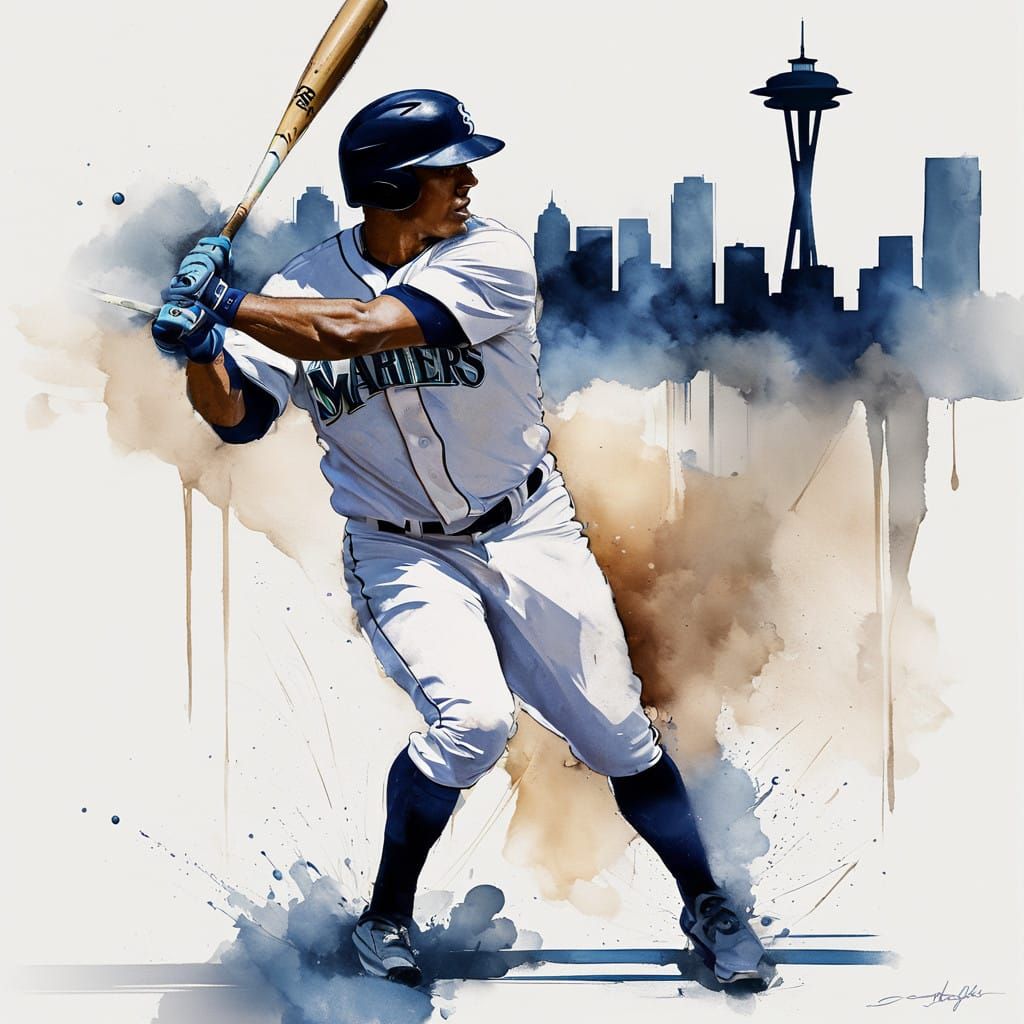 Aggressive Baseball Player in Minimalistic Seattle Cityscape
