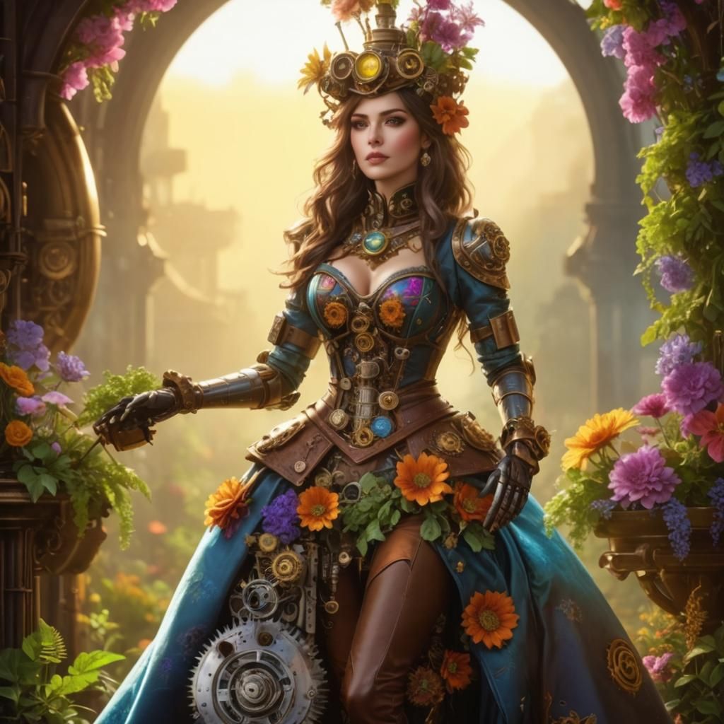 Steampunk Robot Woman in a Floral Dreamscape