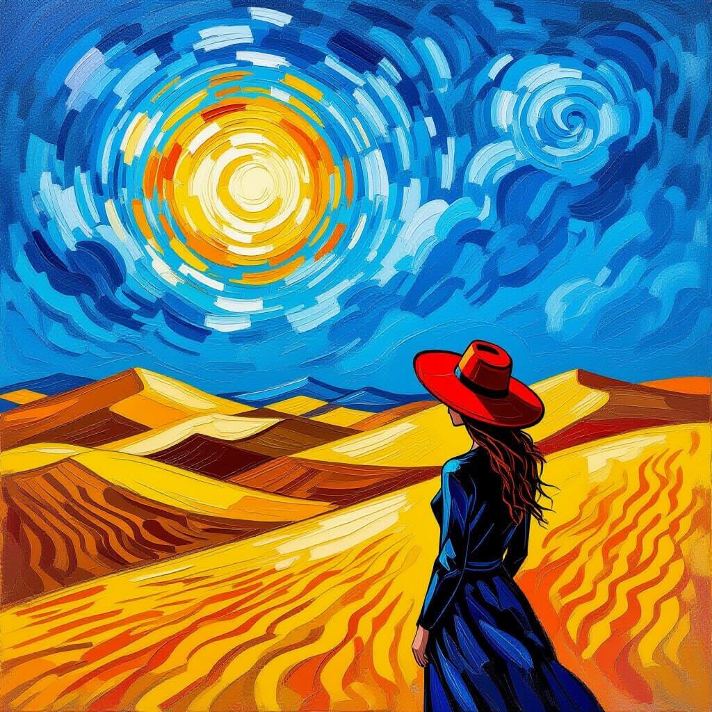 Woman in Red Hat in Desert, Van Gogh Style
