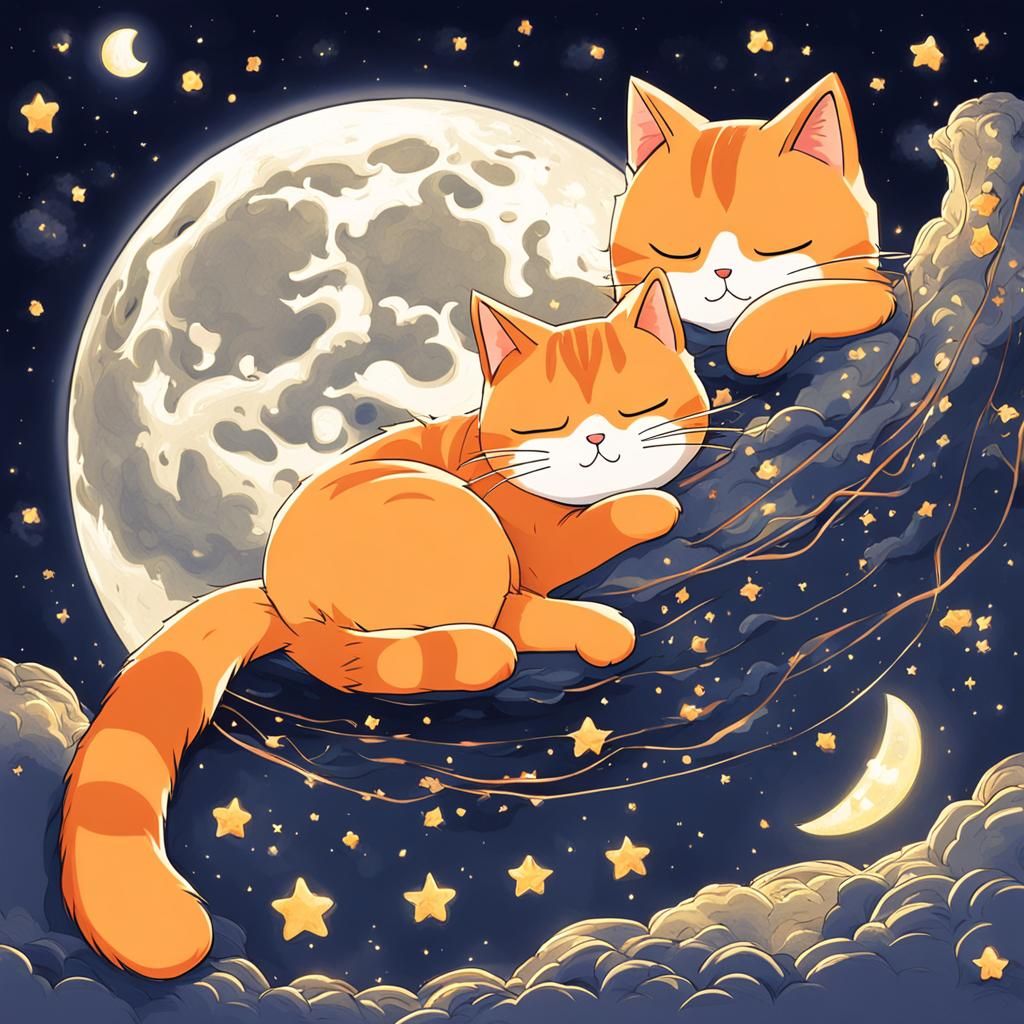 Orange Cat Sleeps on Moon in Anime Style