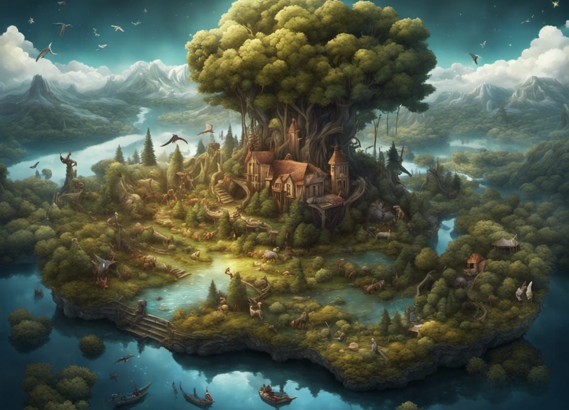 Miniature Fantasy World Emerging from Open Bible