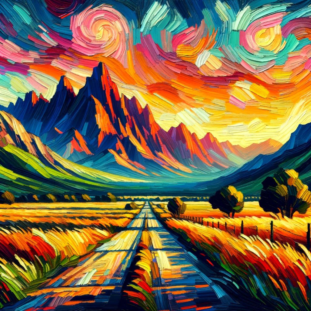 Vibrant Sunset Over Country Road in Pop Art Impasto Style
