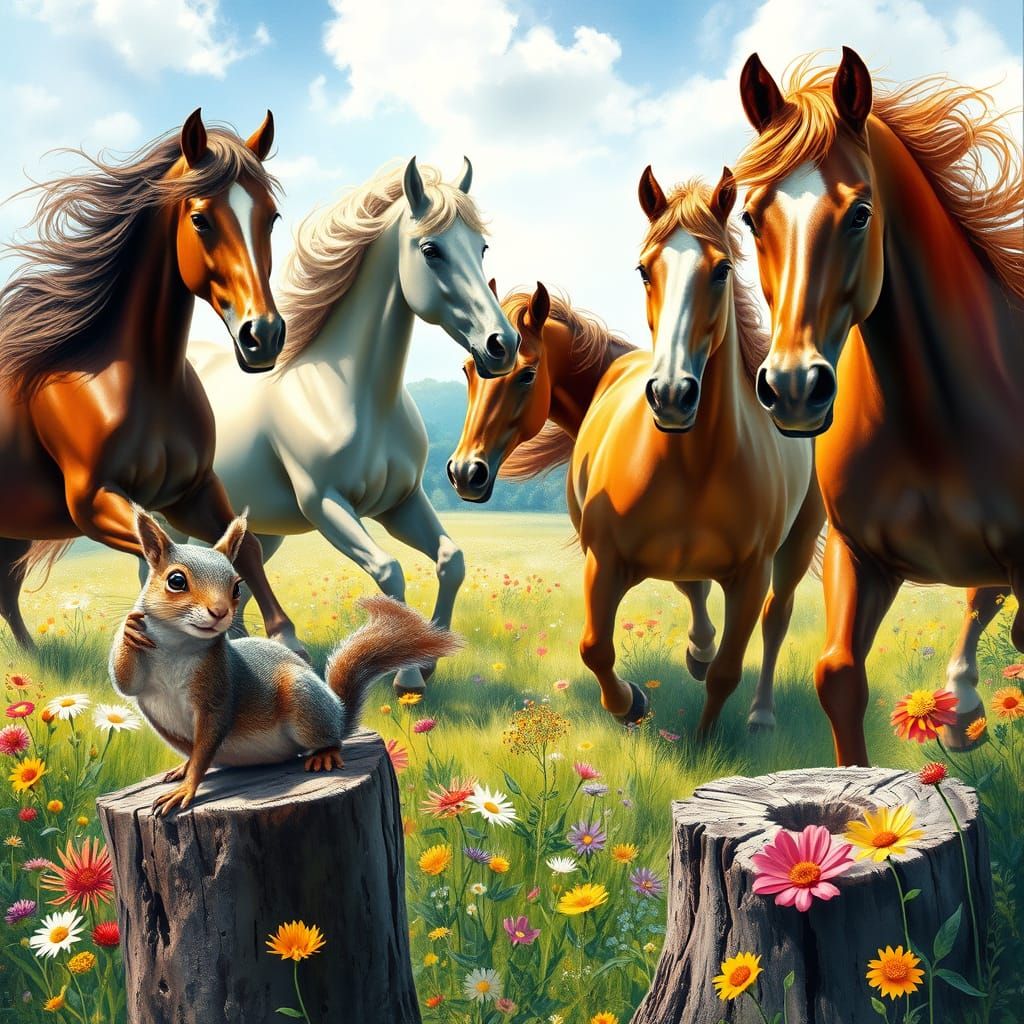 Horses Galloping in a Vibrant Meadow Scene with a Curious Sq...