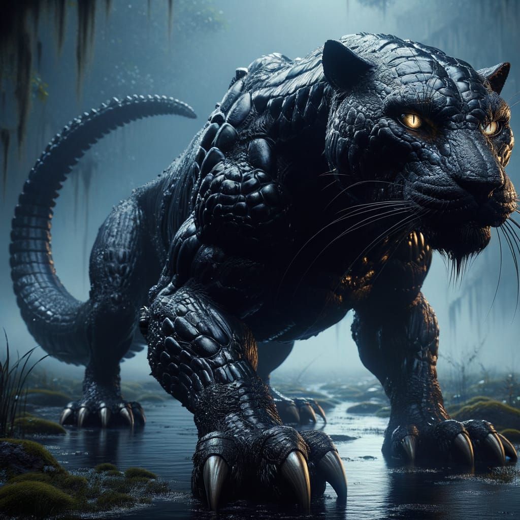 Panther-Crocodile Hybrid in Misty Jungle, Photorealistic Con...