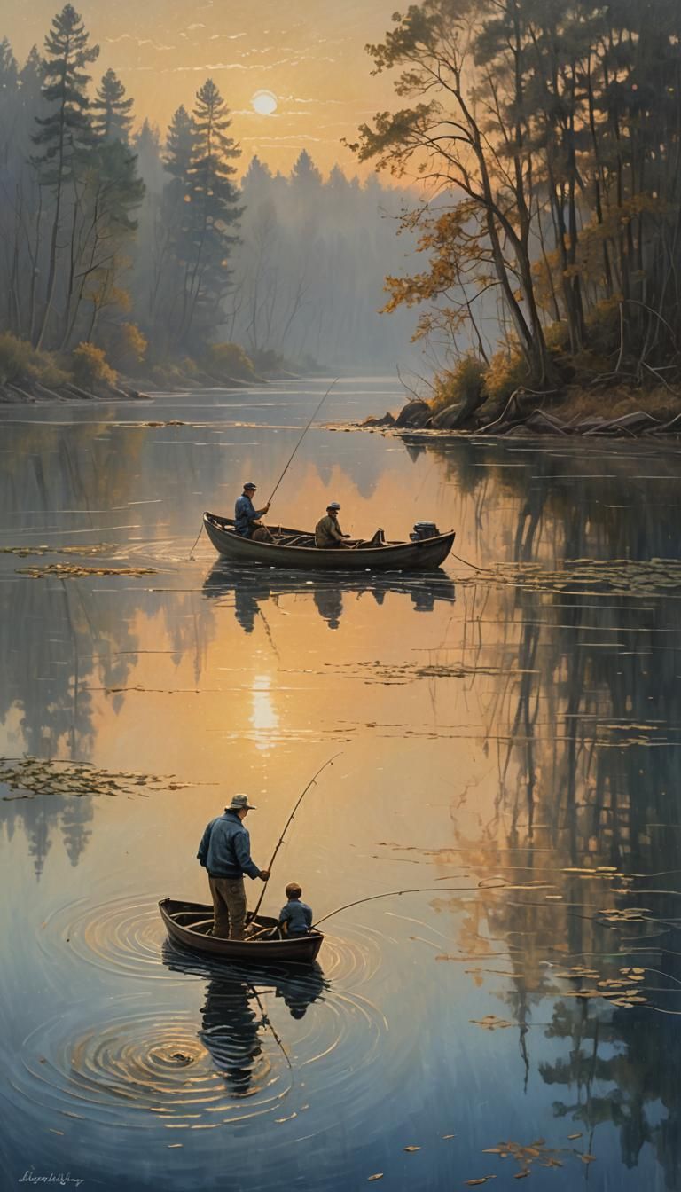Father and Son Fishing: Atmospheric Oil Painting