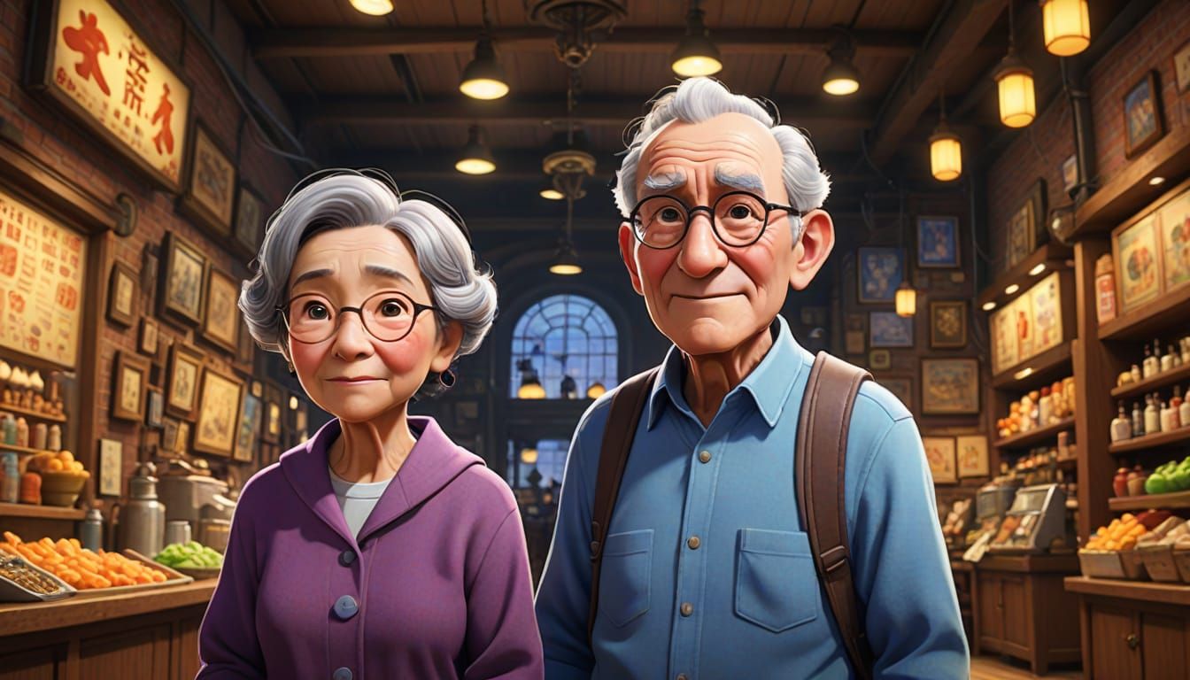 Vibrant Anime Key Visual of Grandparents in a Futuristic Wor...