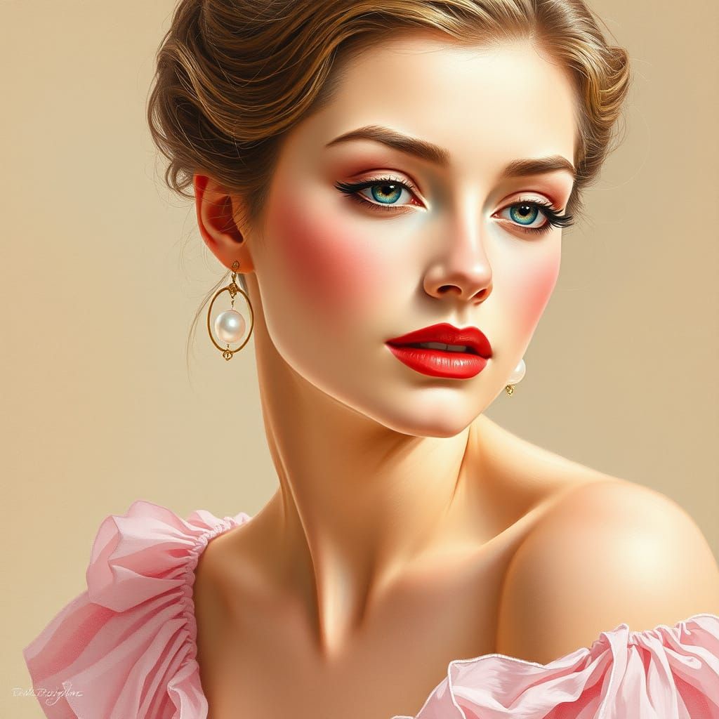 Elegant Girl with Pearl Lips in Pastel Tones, Pencil Drawing...
