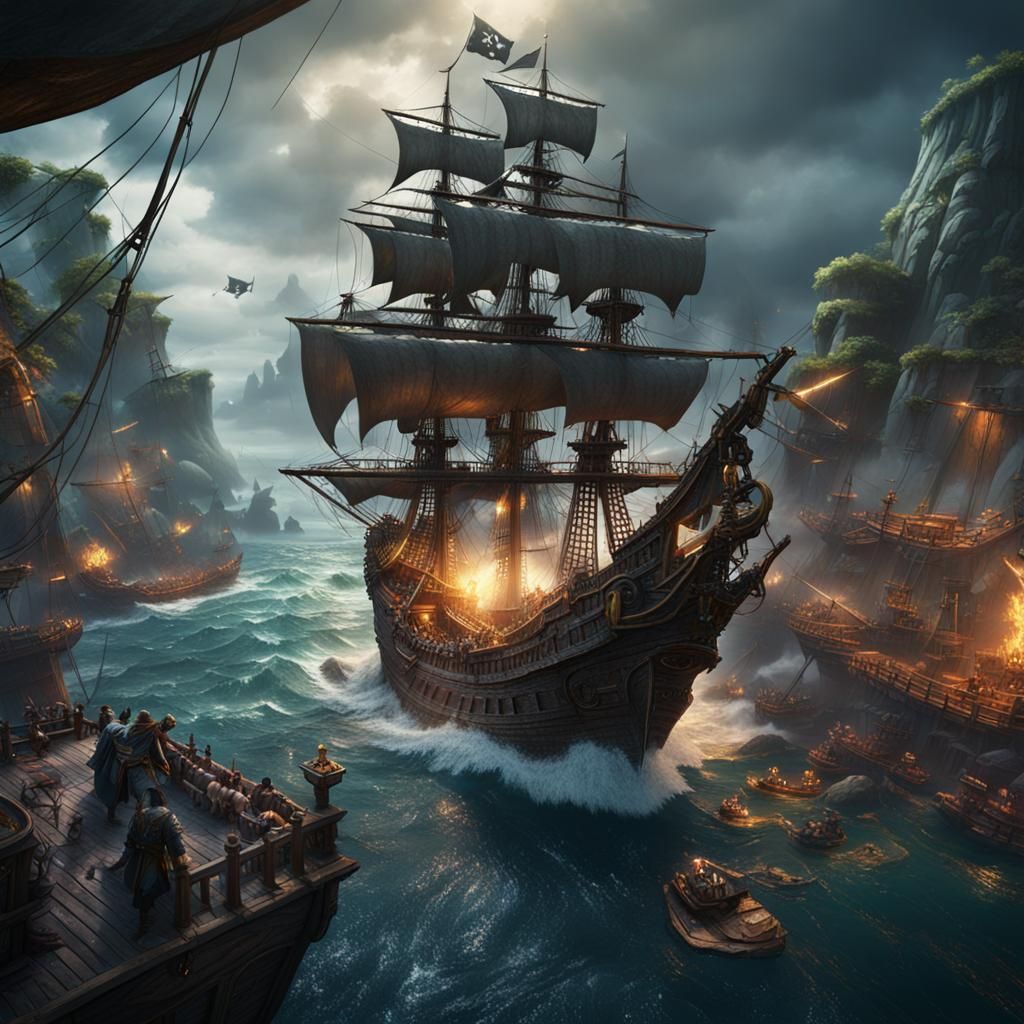 Epic Pirate Ship Battle in Detailed Matte Painting