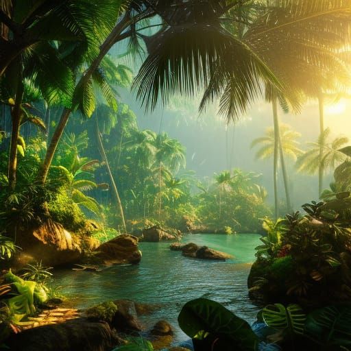 Lush Tropical Forest with Volumetric Lighting