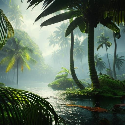 Lush Tropical Forest with Volumetric Lighting