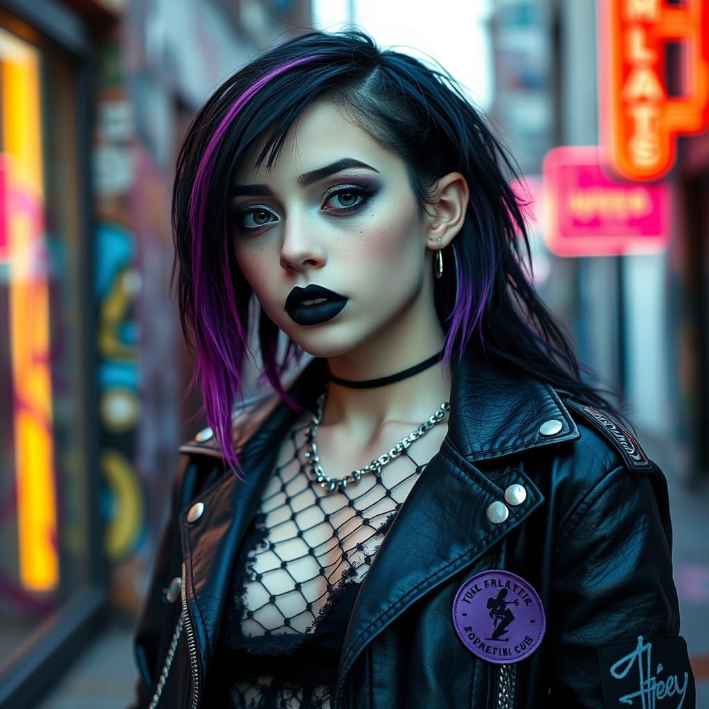 Gothic Photographer in Urban Neon Landscape