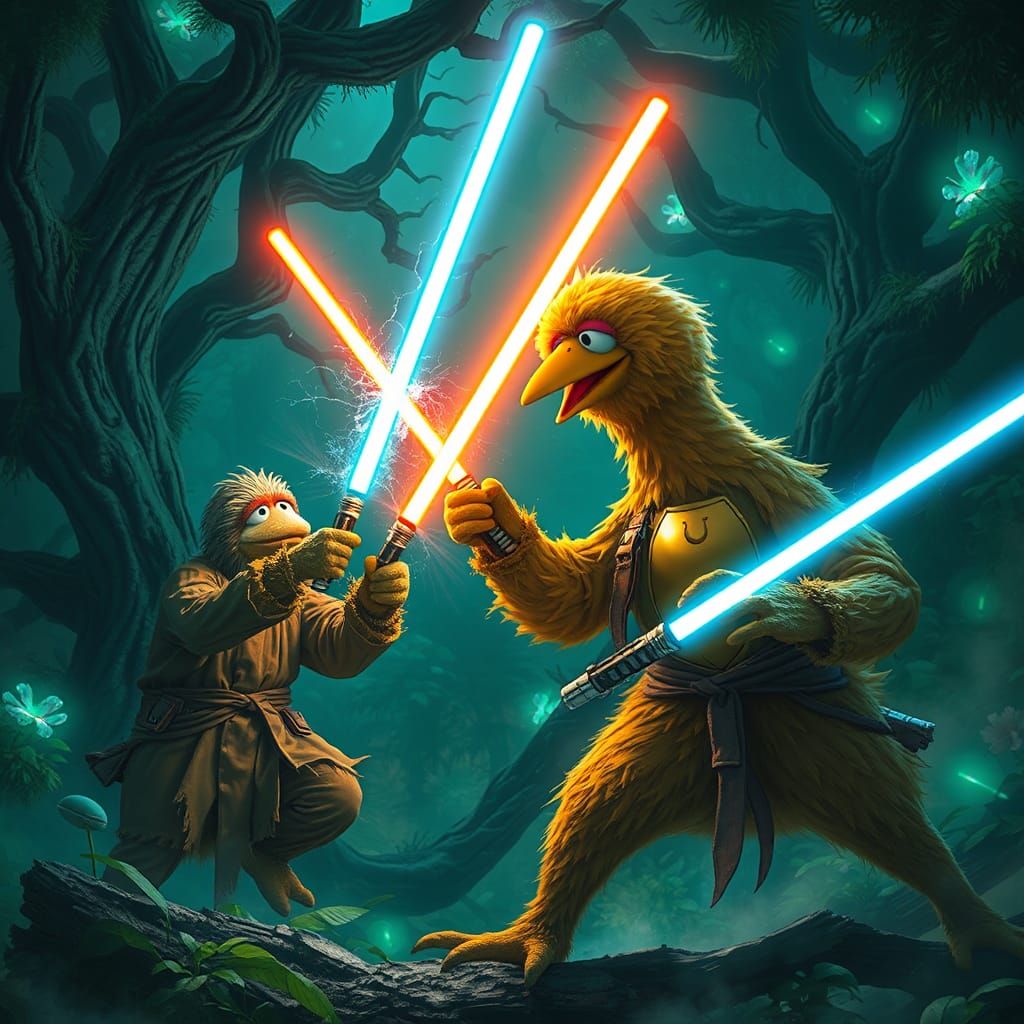 Sloths vs Big Bird Lightsaber Duel in Mystical Jungle