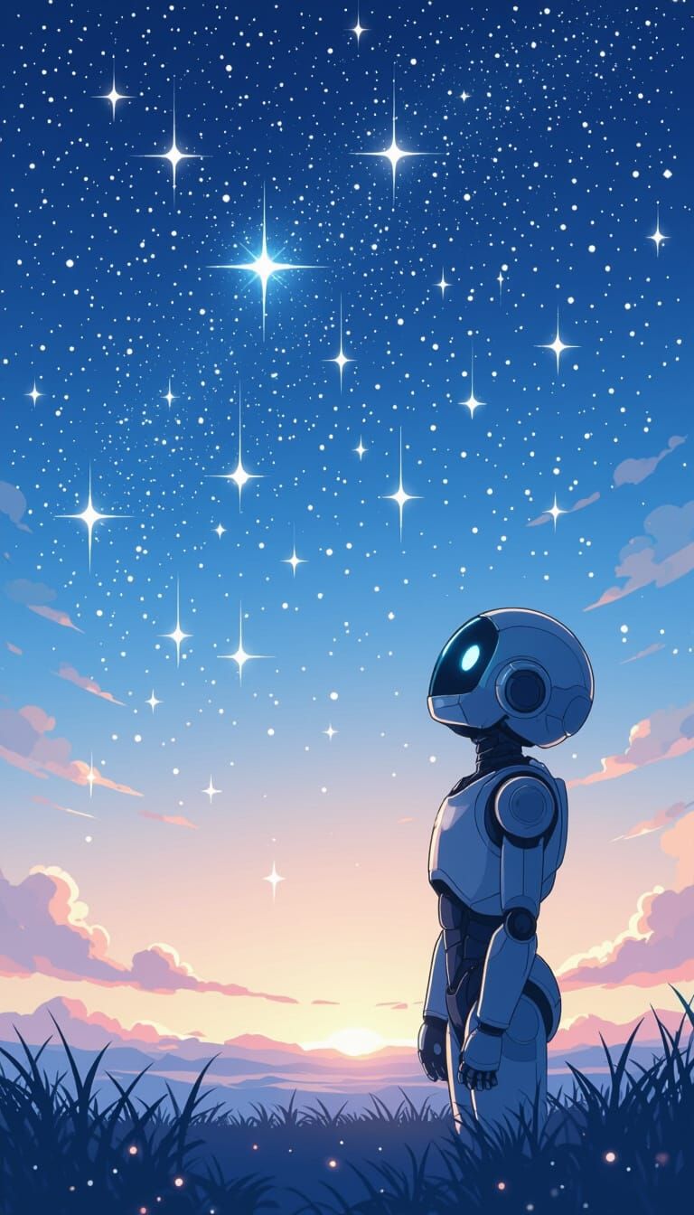 Anime Robot Gazes at Falling Stars Sky