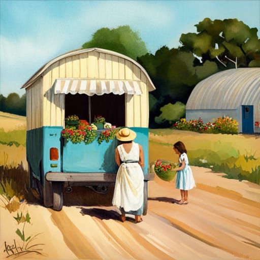 Farm Girl's Roadside Market: Sharp, Hyperrealistic Photo