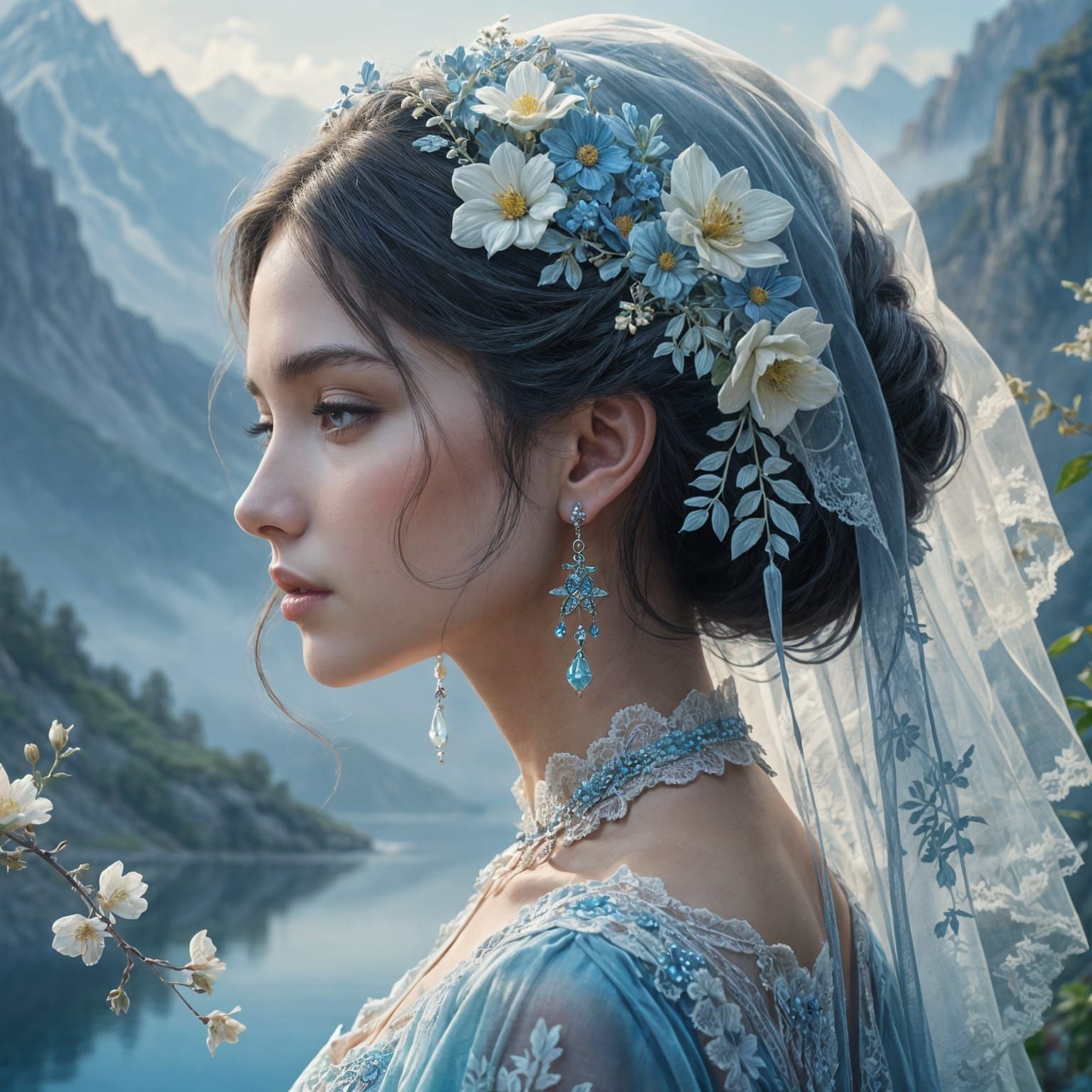 Serene Woman in Blue Veil with Misty Landscape