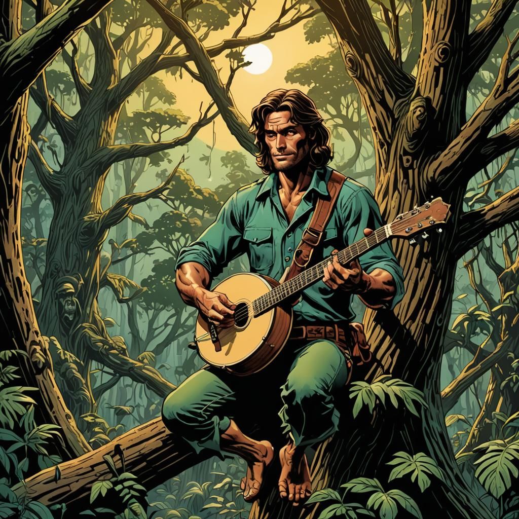 Banjo Player in Treehouse: Comic Book Art