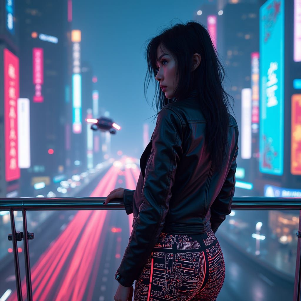 Cyberpunk Woman Overlooking Neon Cityscape
