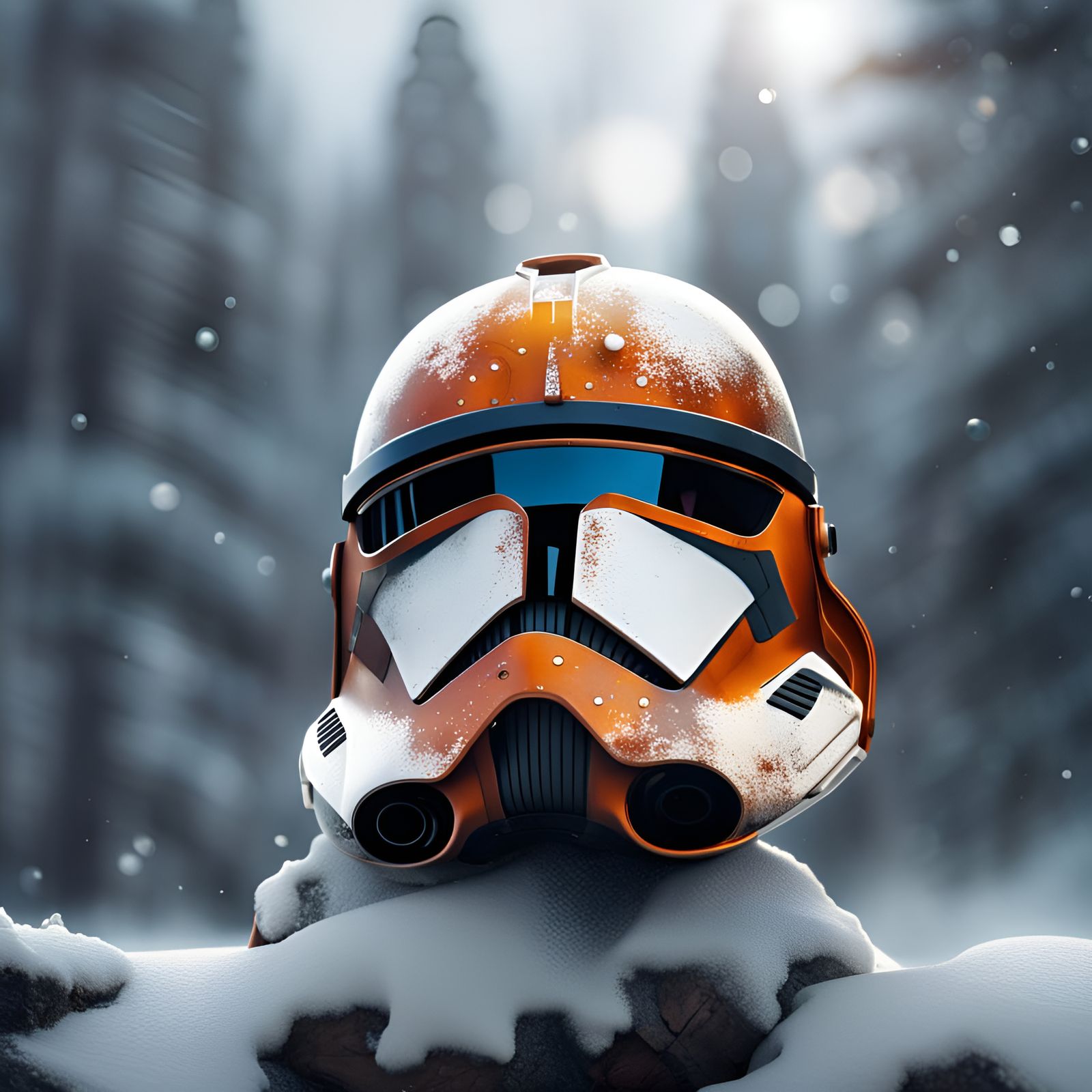 Burned Clone Trooper Helmet in Snowy Landscape
