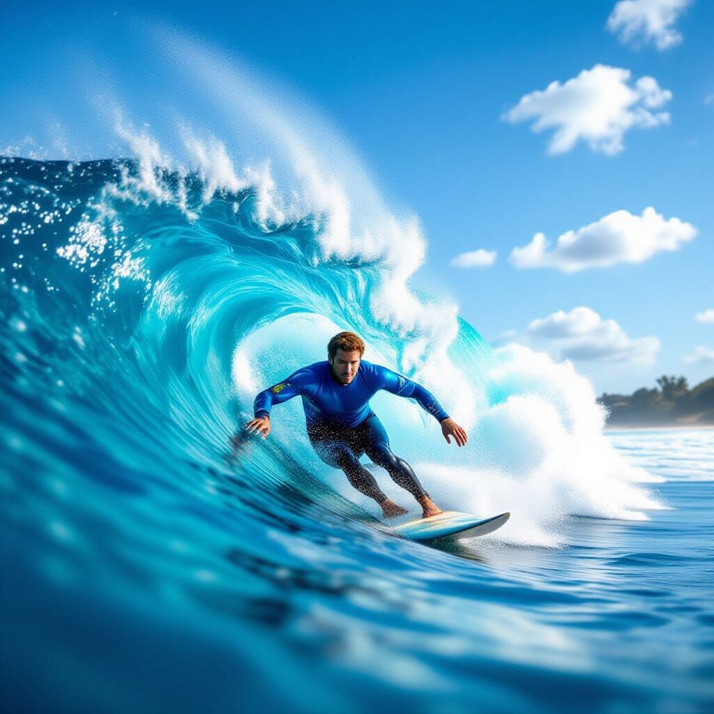 Surfer Catches Massive Wave in Golden Hour Light
