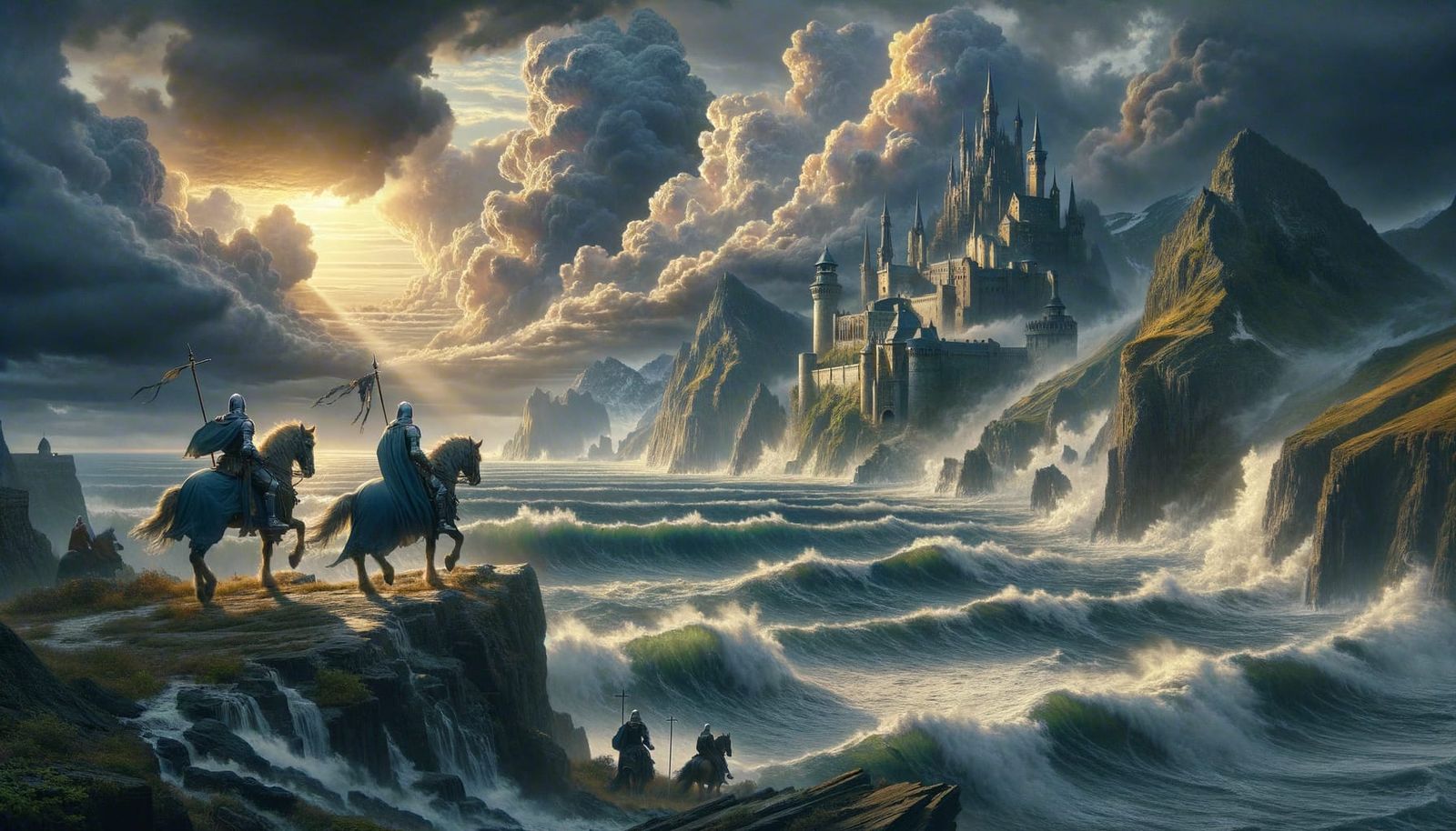 Medieval Knights Ride to Cliffside Castle Panorama