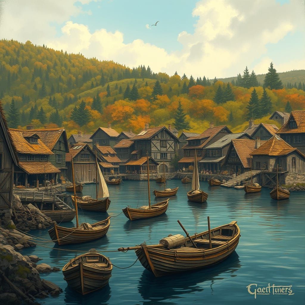 Medieval Fishing Village on Rugged North Coast in Earthy Ton...