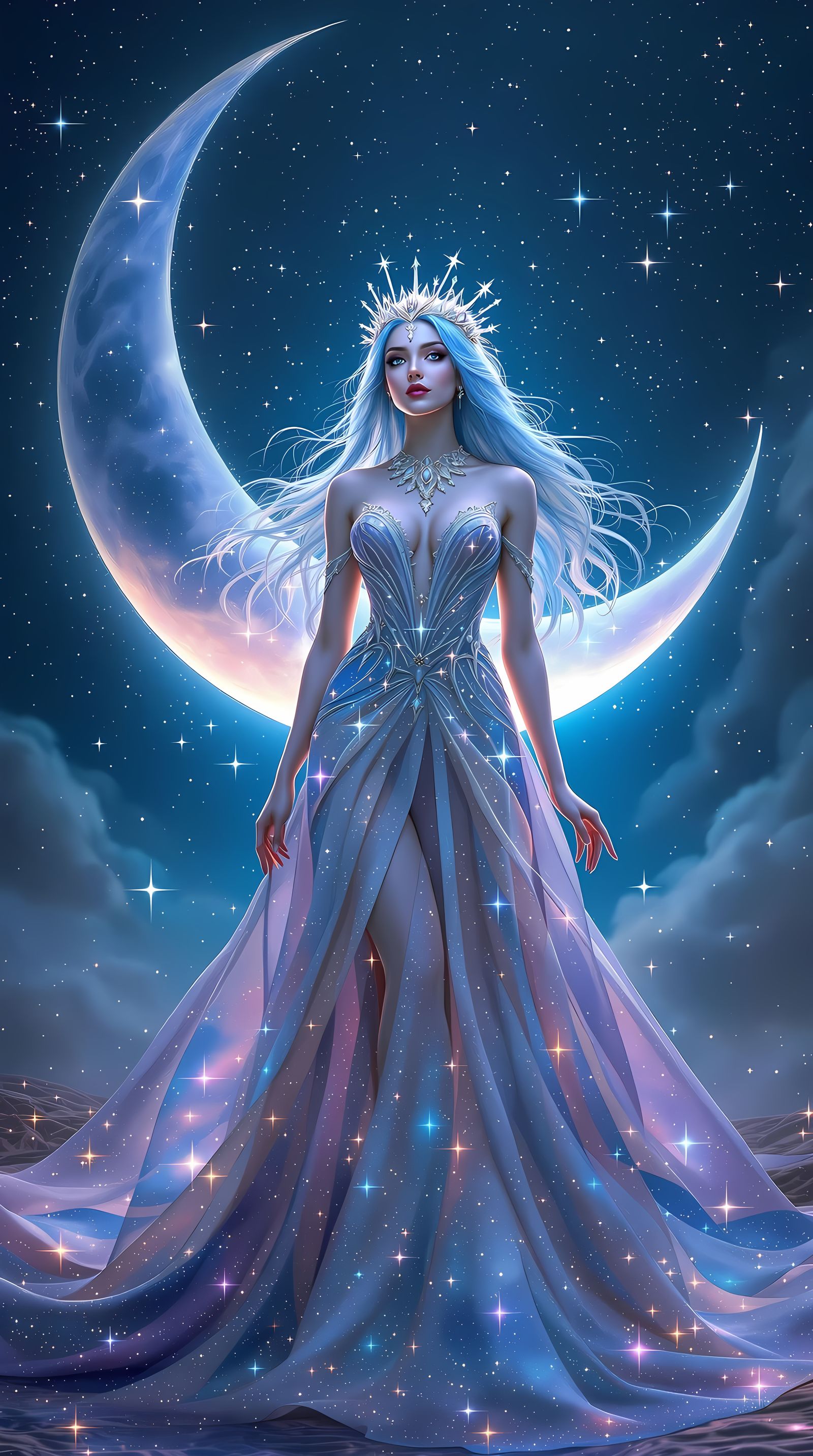 Serene Cosmic Goddess in Pastel Blue Hair, Ethereal Fantasy ...