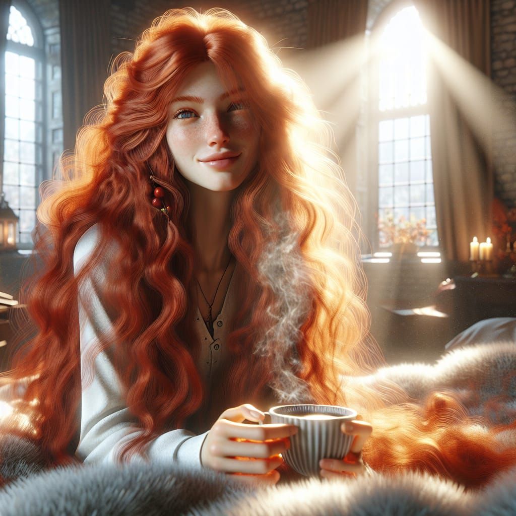 Red-Haired Beauty's Coffee Contemplation in Pre-Raphaelite S...