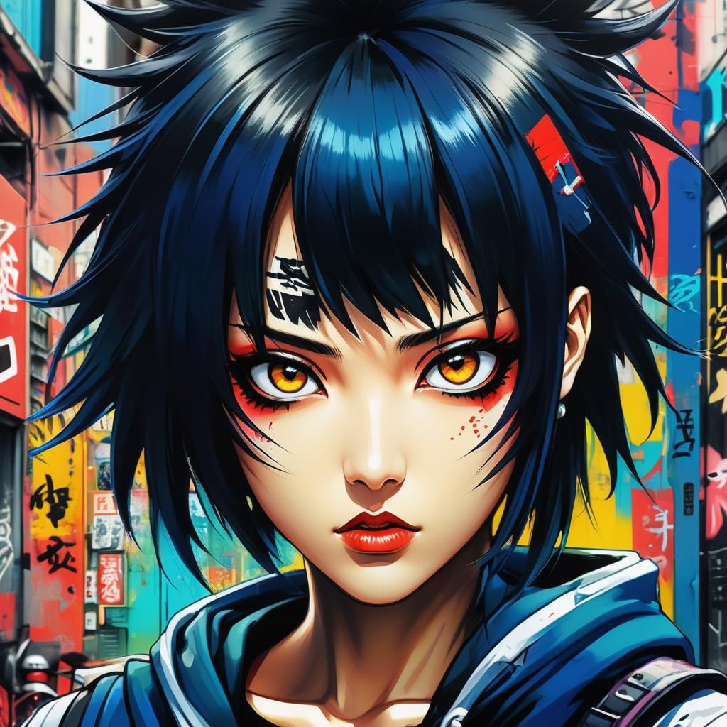 : A fierce girl with black hair highlights, intricate, bold, highly detailed, digital art by Rumiko Takahashi and Yoshit...