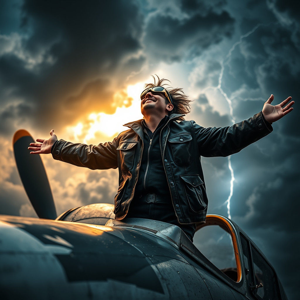 Adventurer Embraces Storm on Plane Wing