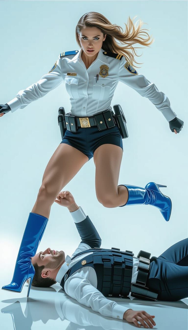 Victorious Police Officer Leaps on Bandit in Neo-Noir Style