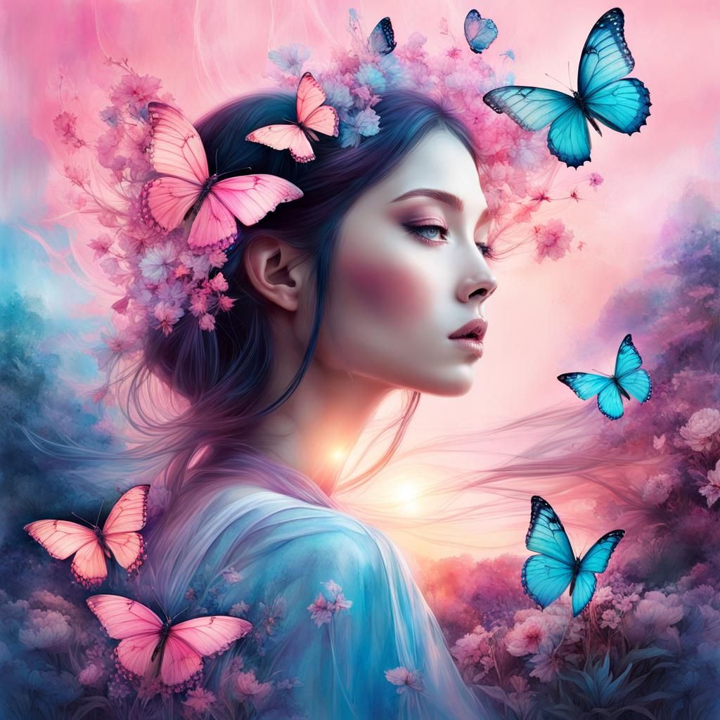 Fantasy Butterfly Summerscape in Watercolor Art Style