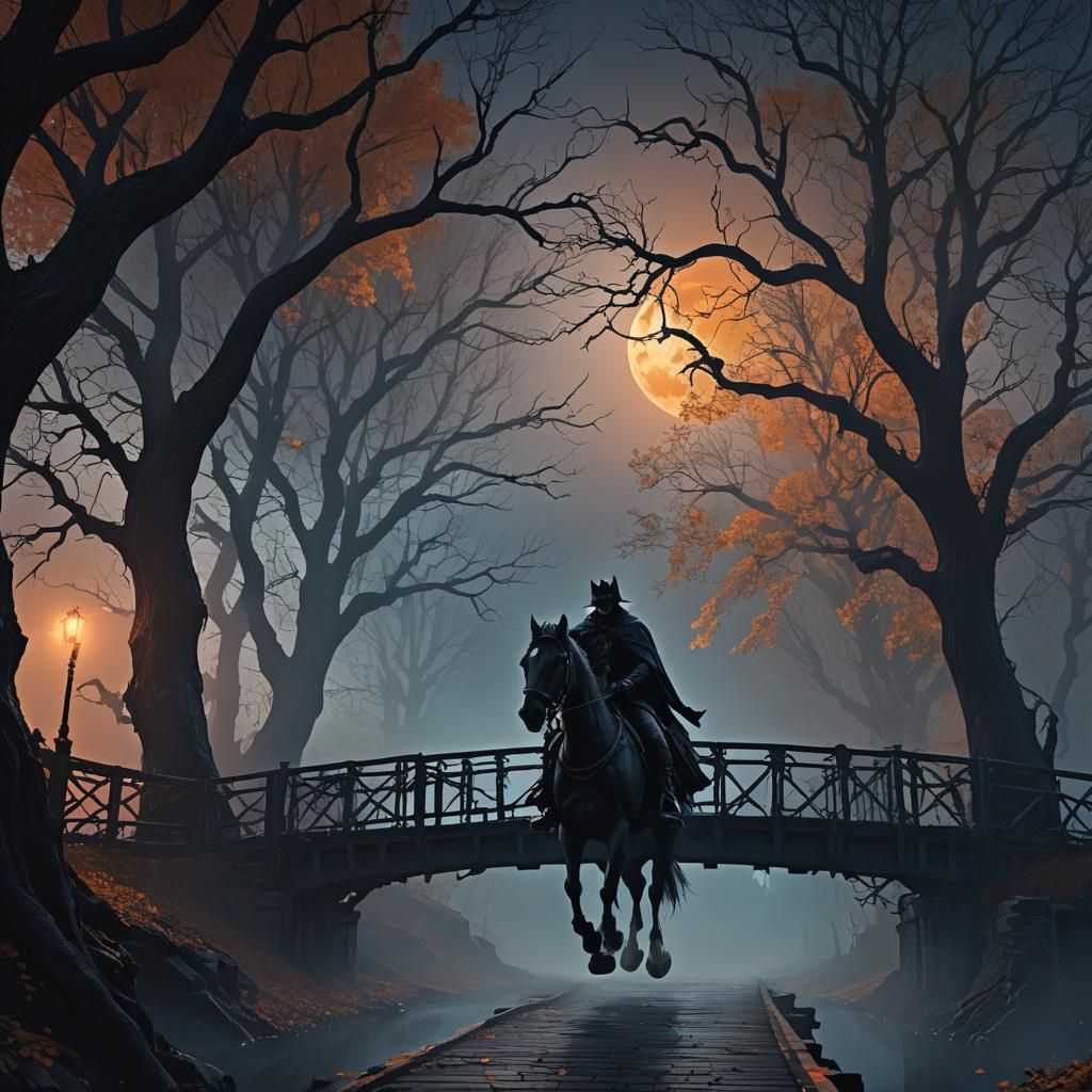 Headless Horseman on Halloween Bridge: Dark Fantasy Art