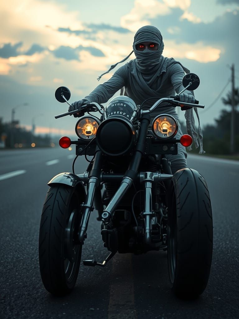 Mummy Motorbiker Rides at Dusk in Cinematic Style