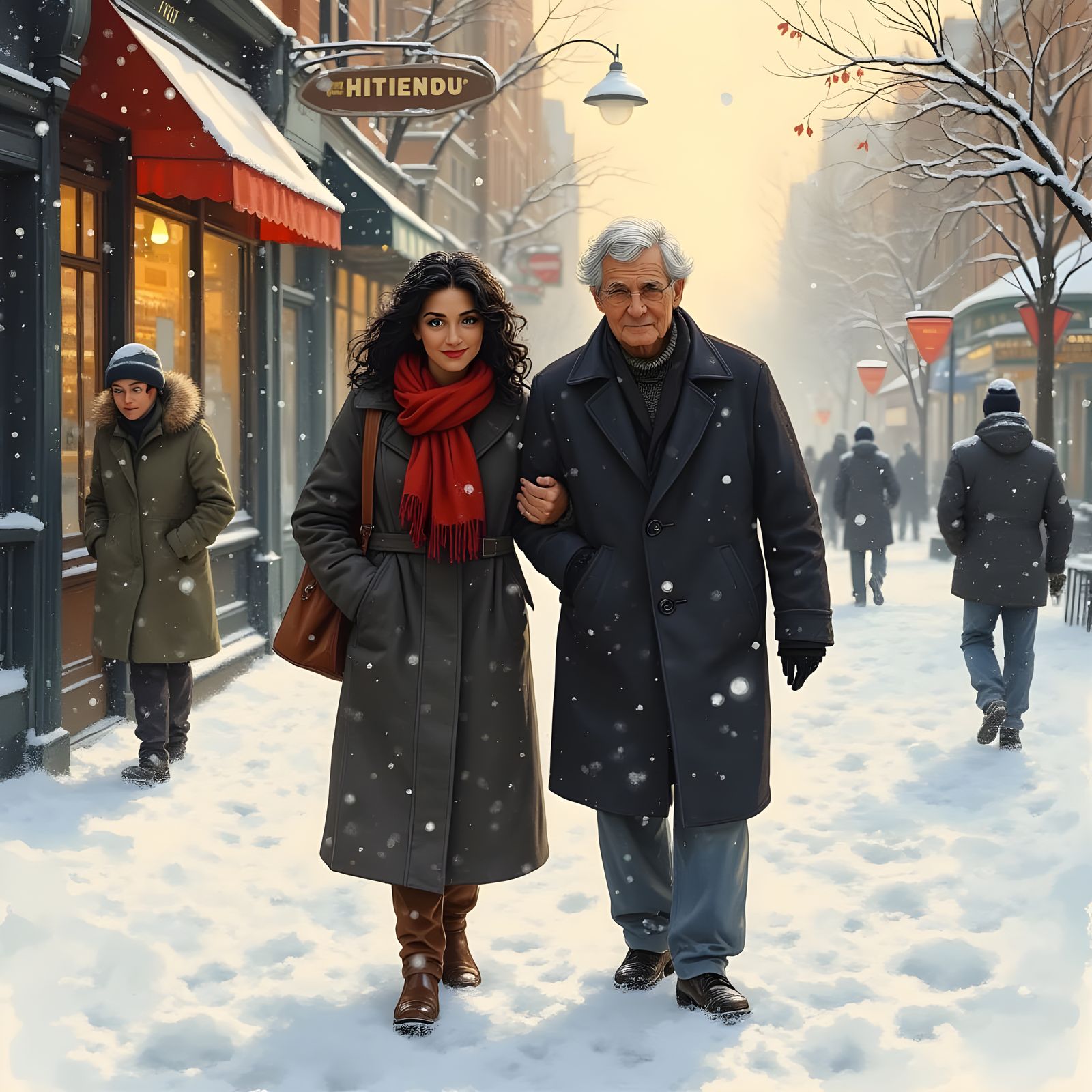 Watercolor Winter Scene: Woman Helps Man Across Snowy Street