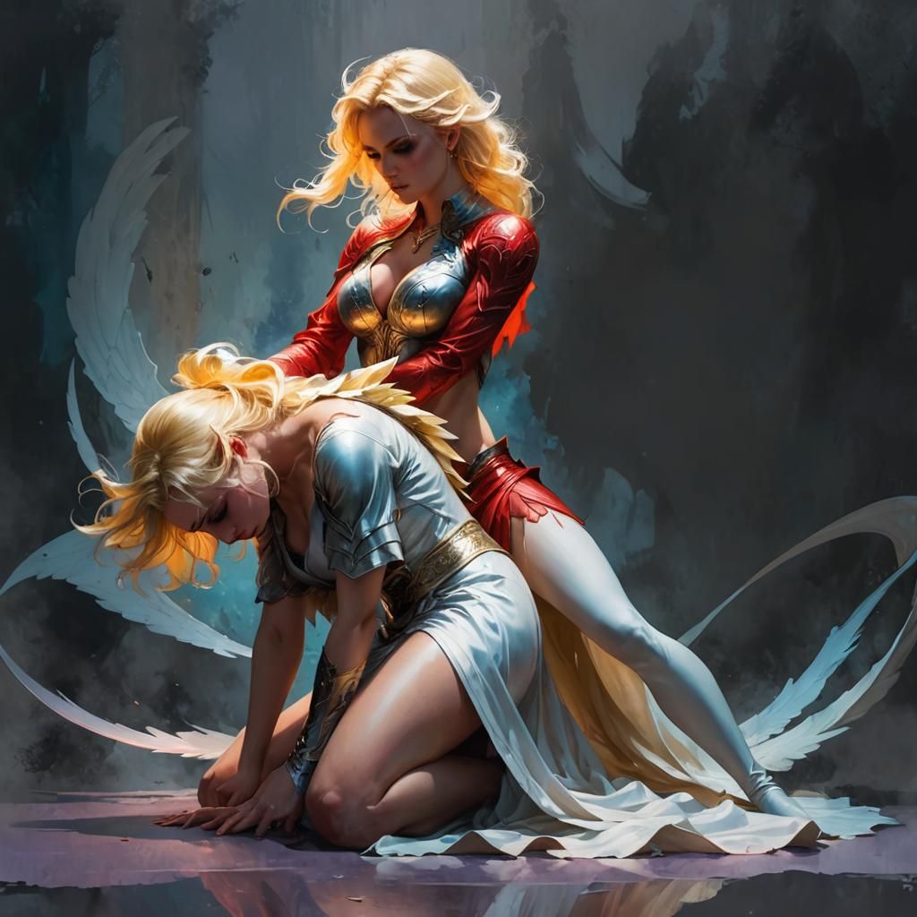 Angel Submits to Demoness: Fantasy Art Portrait