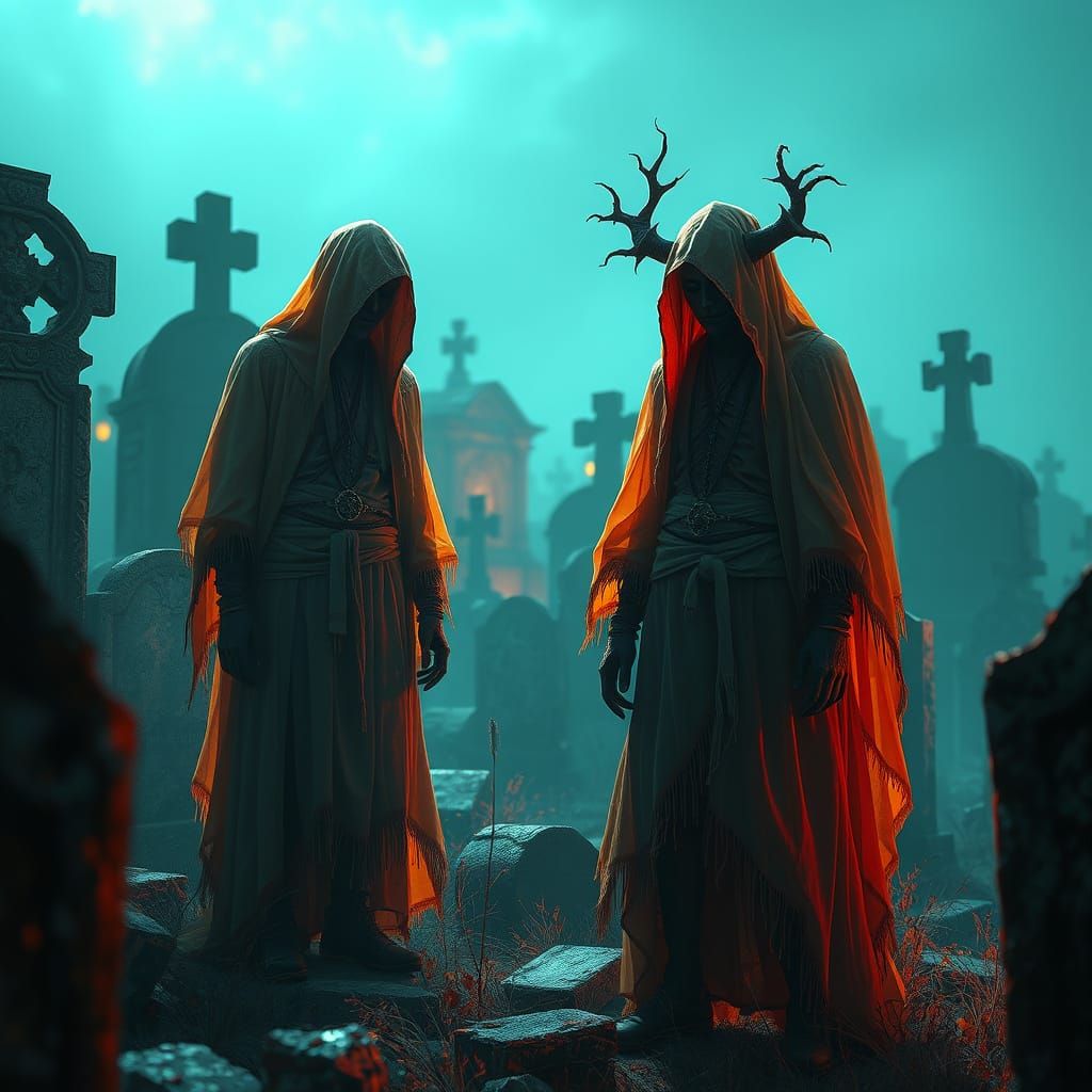 Ghostly Figures in Cemetery with HDR Lighting