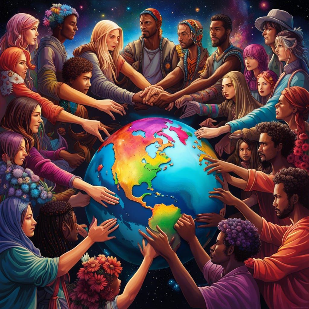 People Holding Hands Around Earth with Rainbow Hair