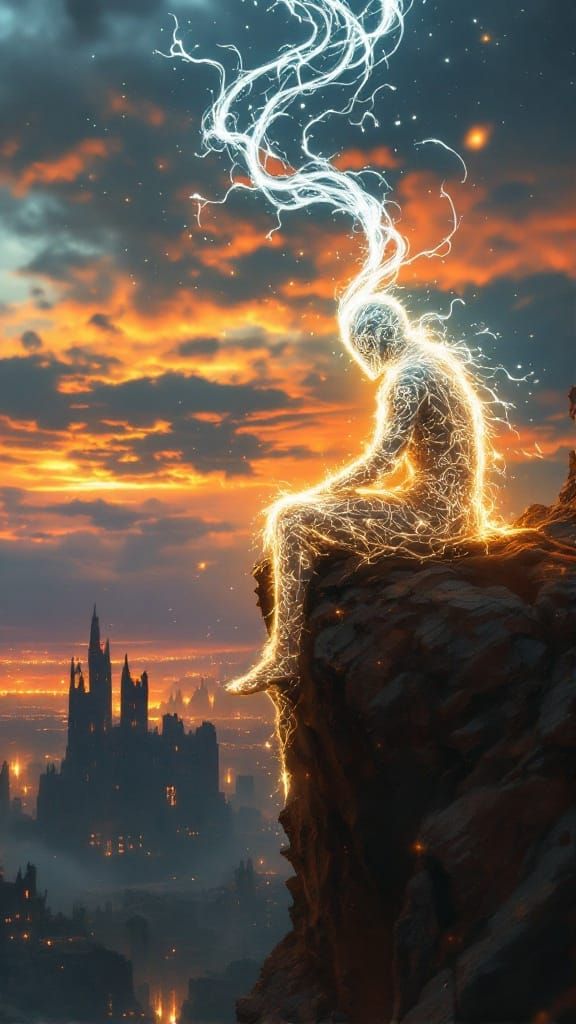 Radiant Knight Surveys Broken City at Twilight