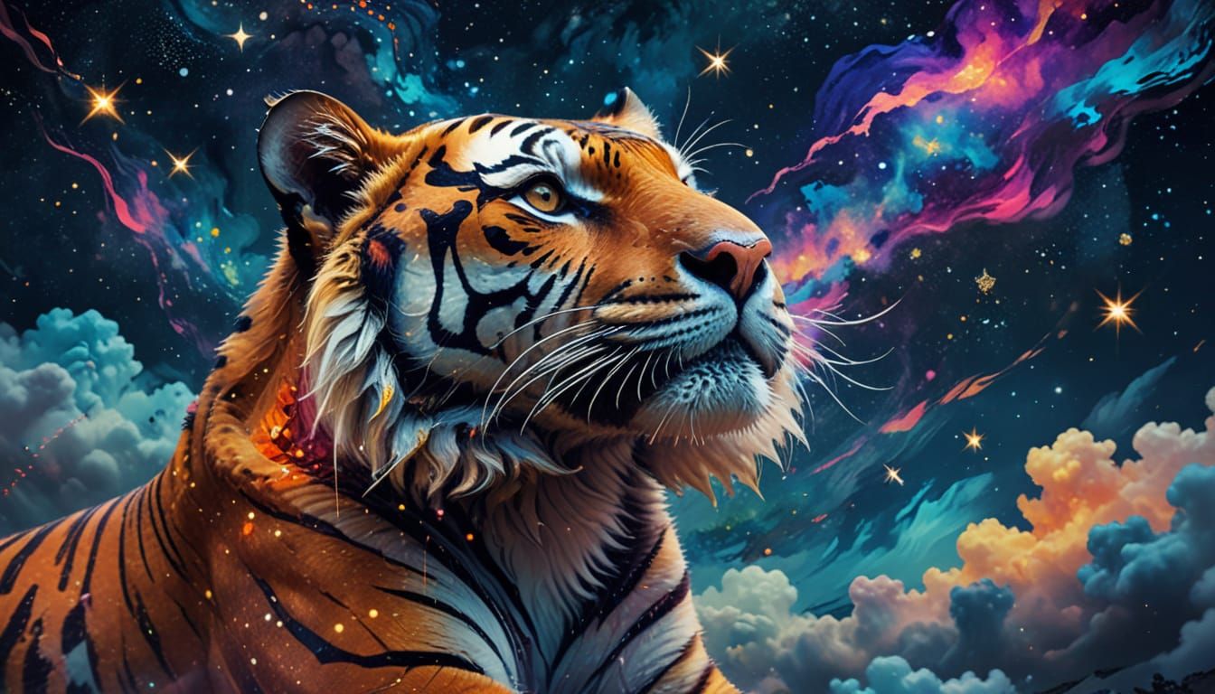 Surreal Tiger Floats in Expressionist Starry Sky
