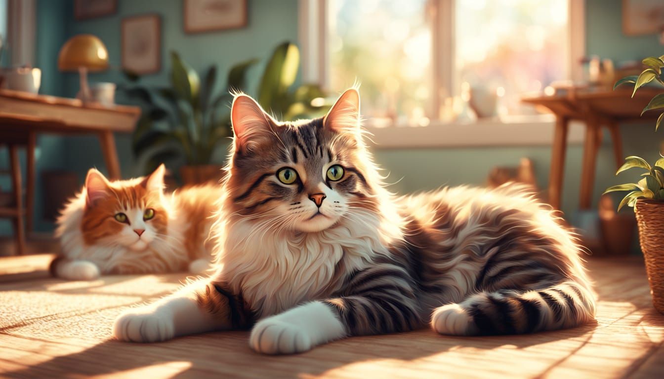 Cats Lounging in a Sunlit Room: Whimsical Digital Art
