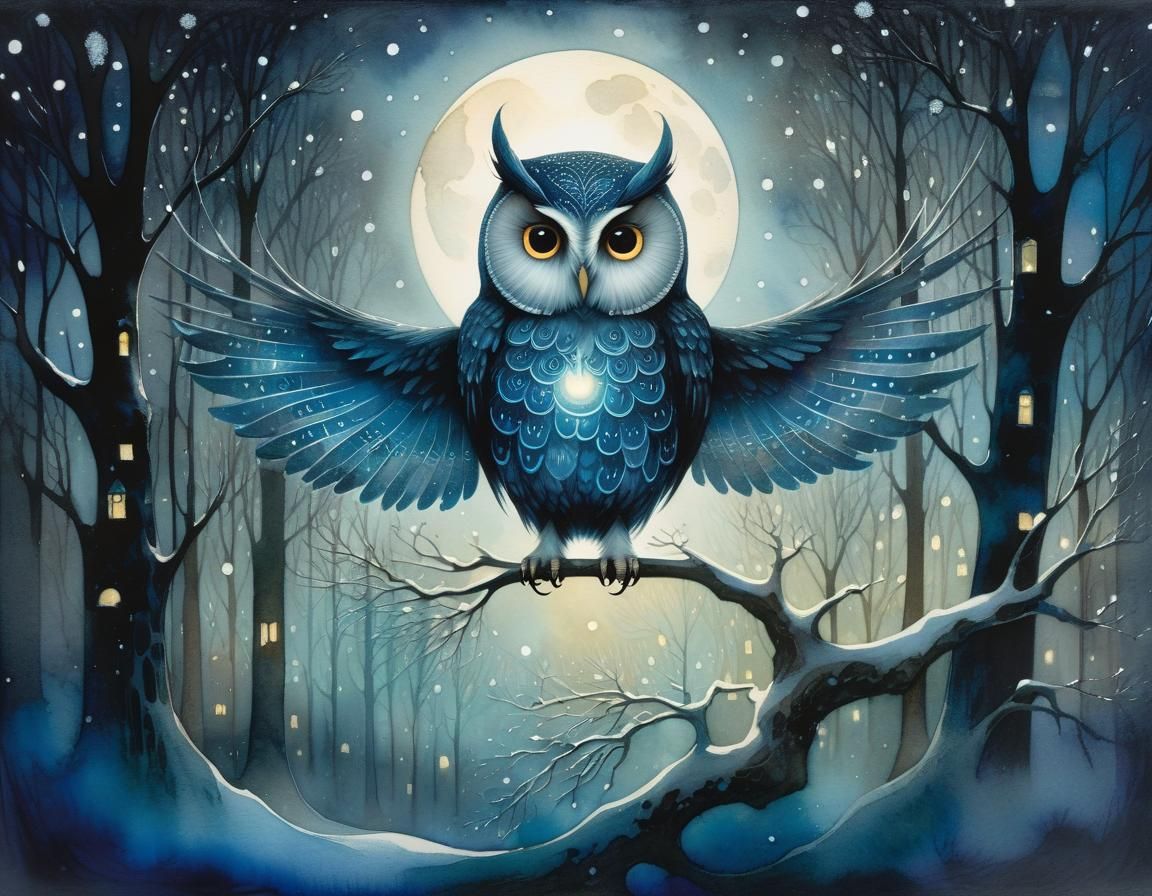Ghostly Owl in Moonlight Watercolor Fantasy
