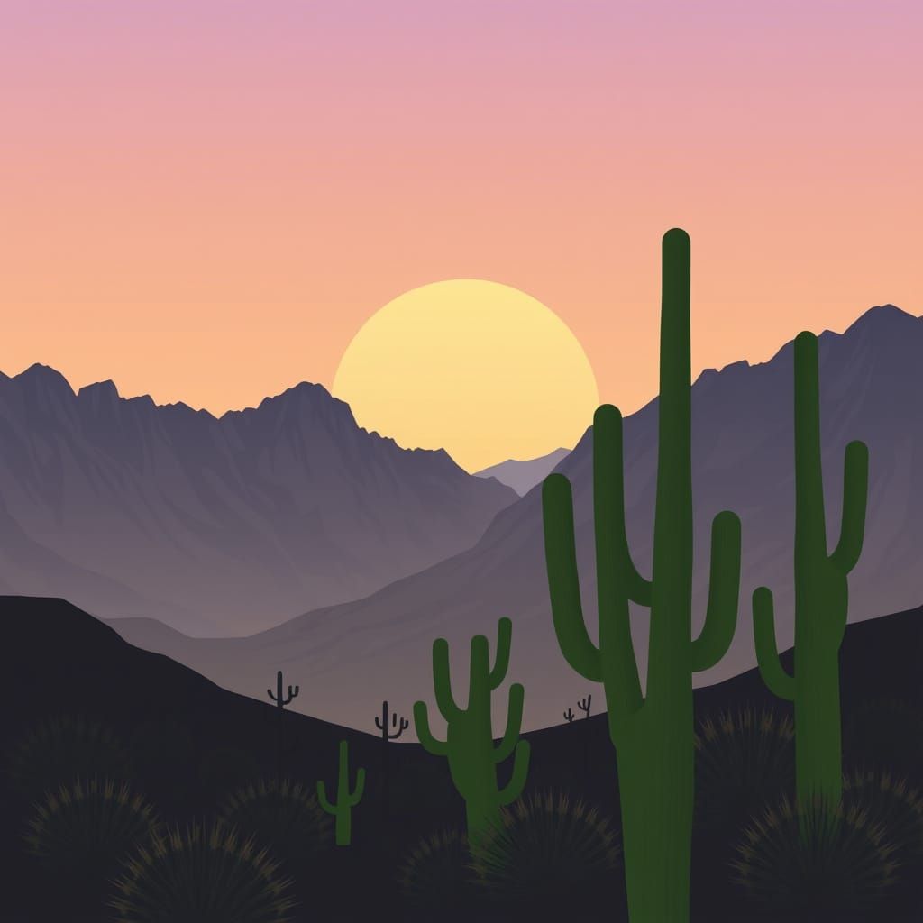 Mojave Desert Sunset Illustration with Pastel Cacti